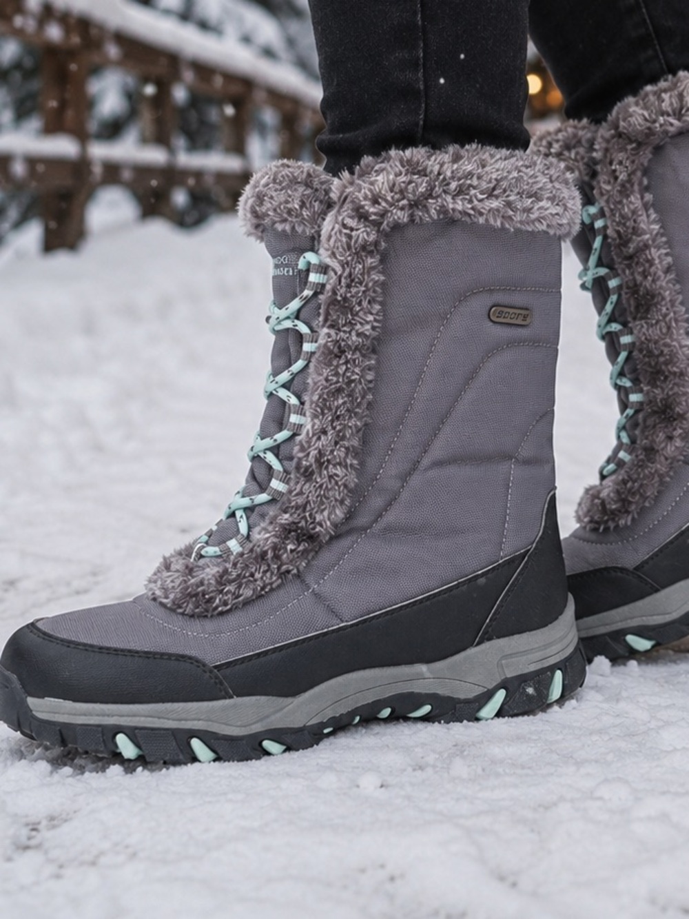Mountain Warehouse Women’s Gray Winter Snow Boots with Mint Laces FauxFur Line